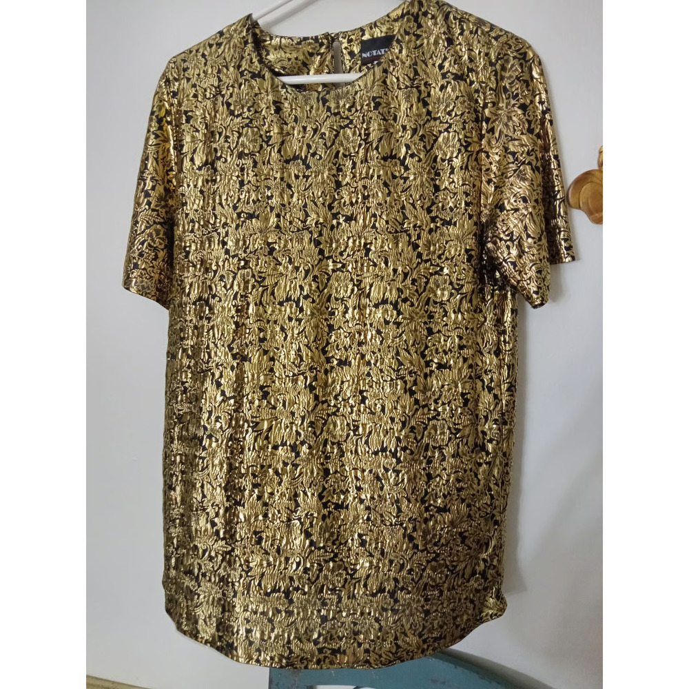 Vintage Notations Gold Shimmery Textured Top Short Sleeve Crew Neck Size M